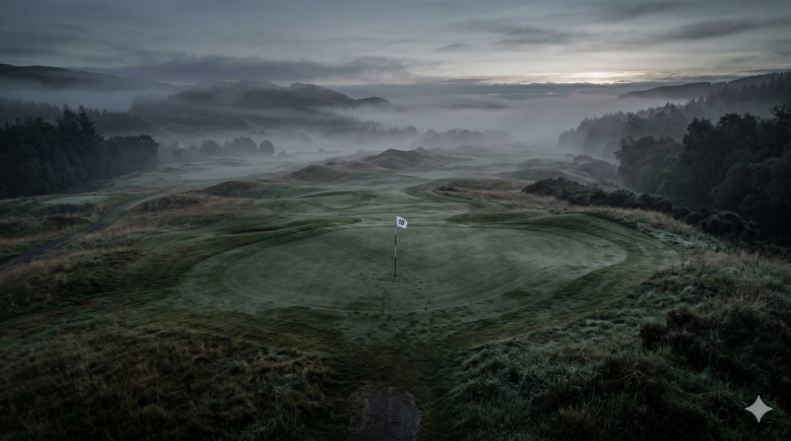 Aerial view of golf green at dawn with morning mist